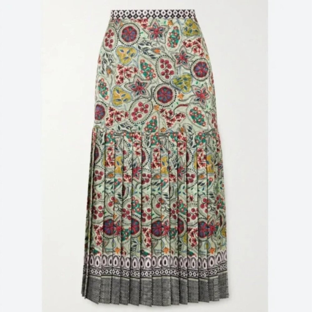 Saloni Diana Pleated Printed Satin Midi Skirt - Size UK12 US8